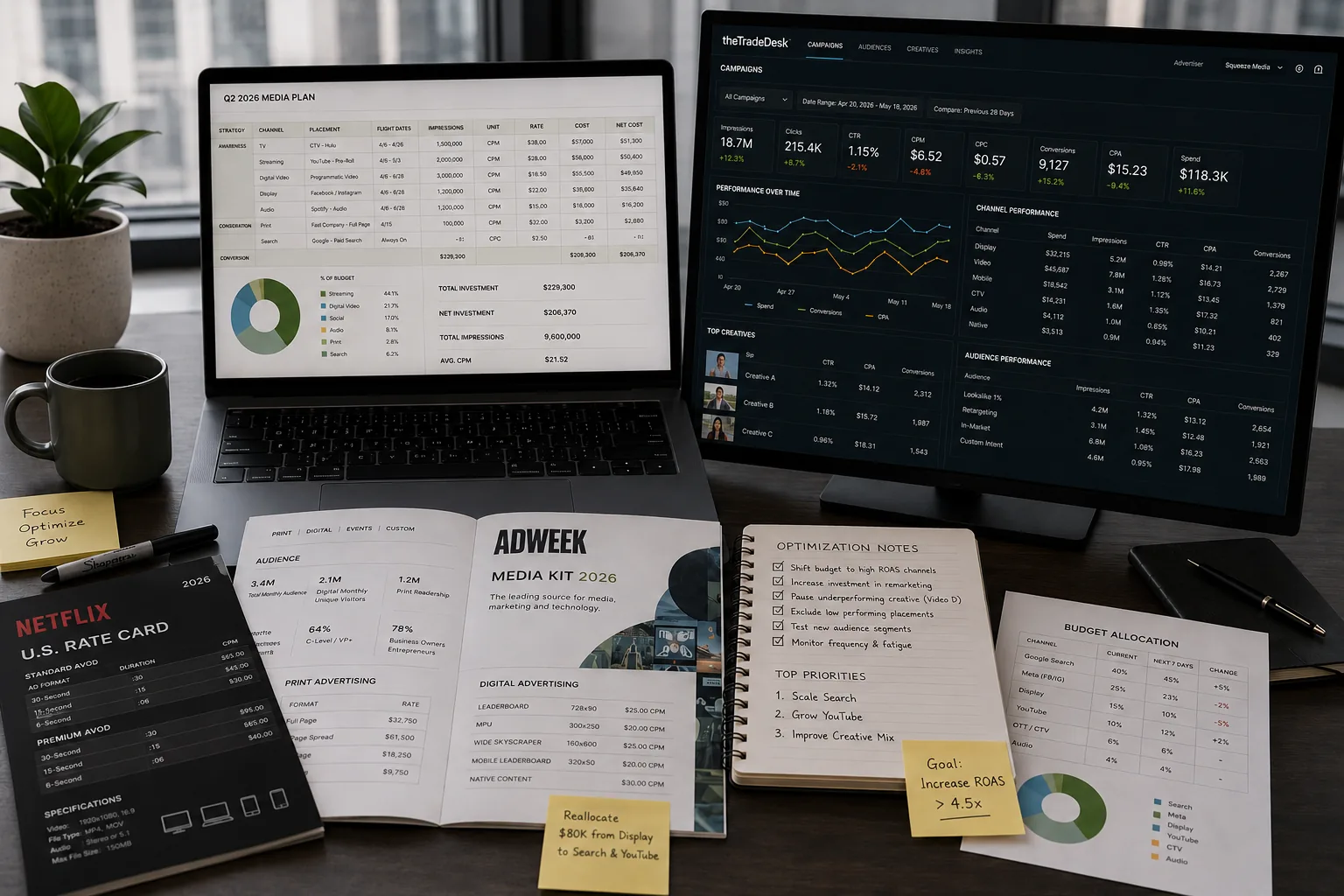 Media buying, advertising placements, and cross-channel campaign planning