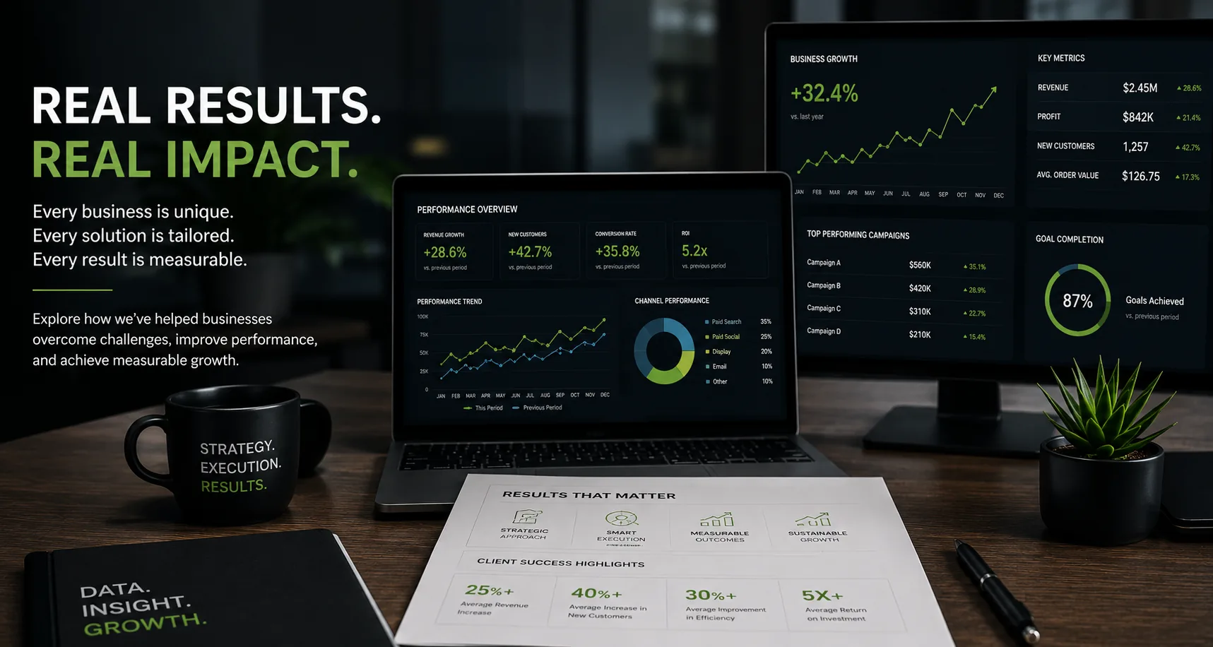 Case study results, business growth, reporting, and performance metrics