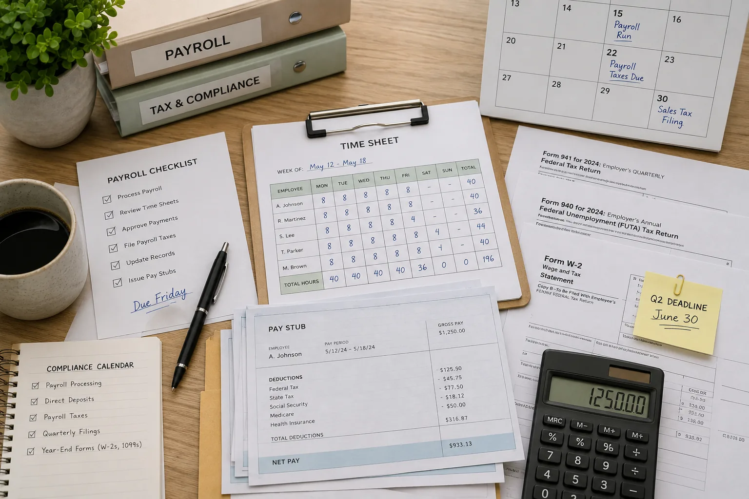 Payroll administration, compliance calendar, contractor payments, and employee records